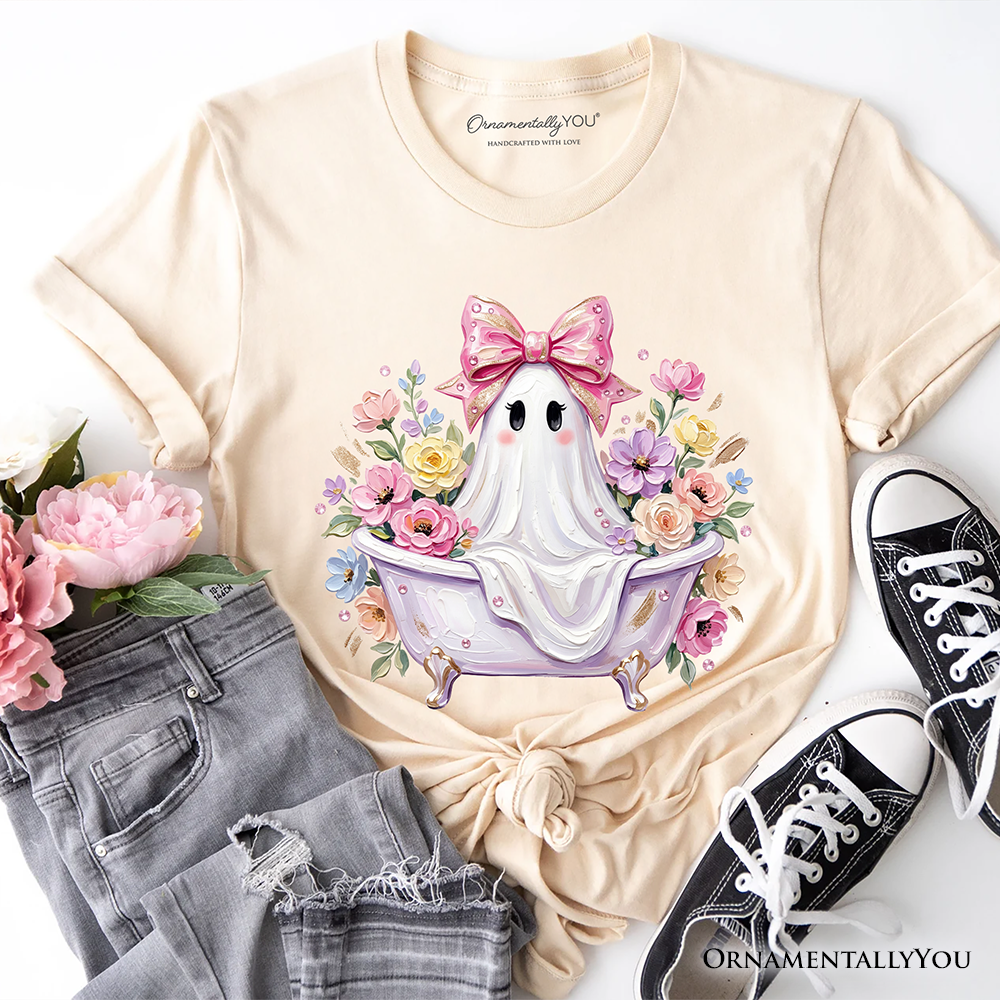 Pink Bow Bathtub Ghost T-Shirt, Floral Coquette Halloween Tee