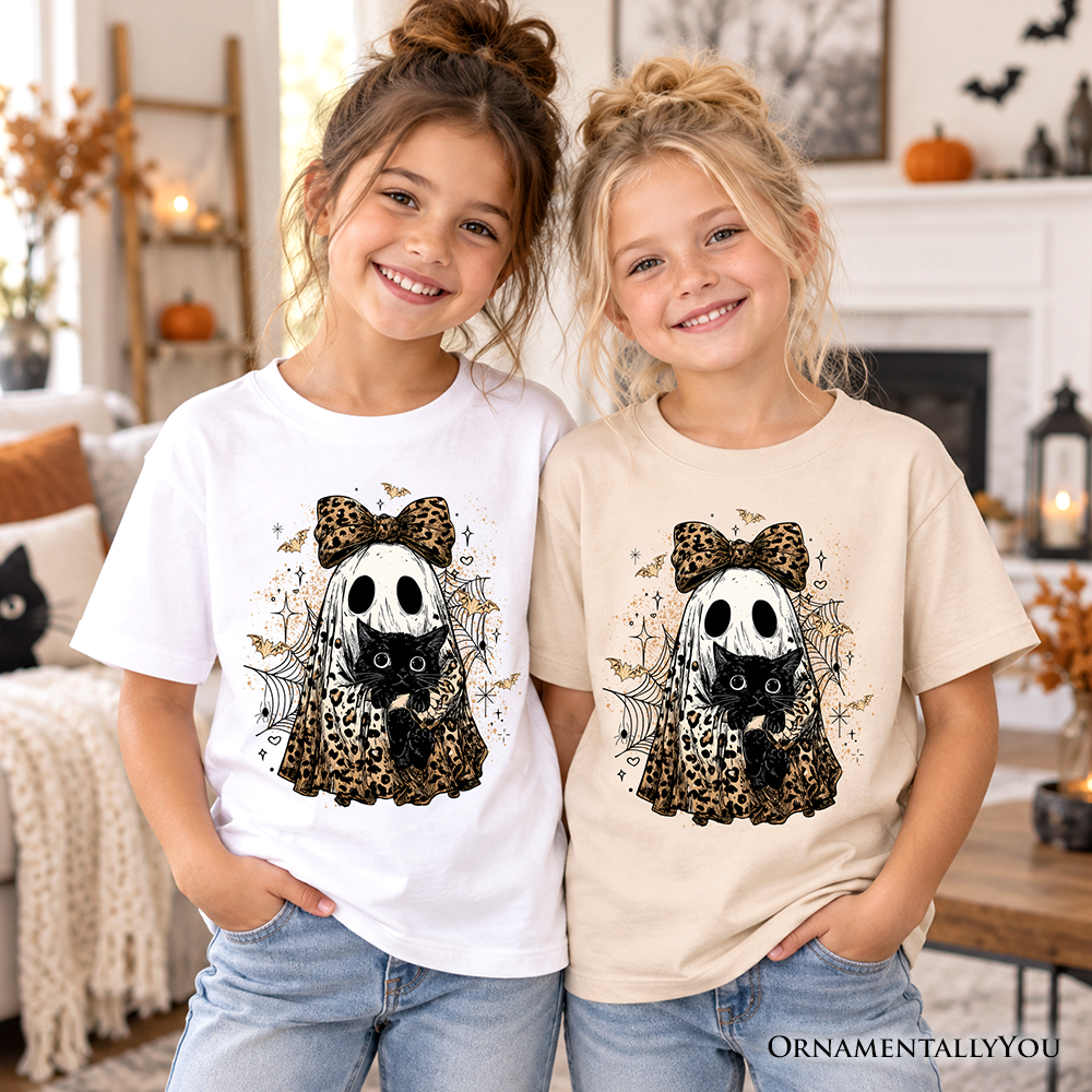 Kids Leopard Bow Ghost with Black Cat T-Shirt, Spooky Halloween Spider Web Youth Tee