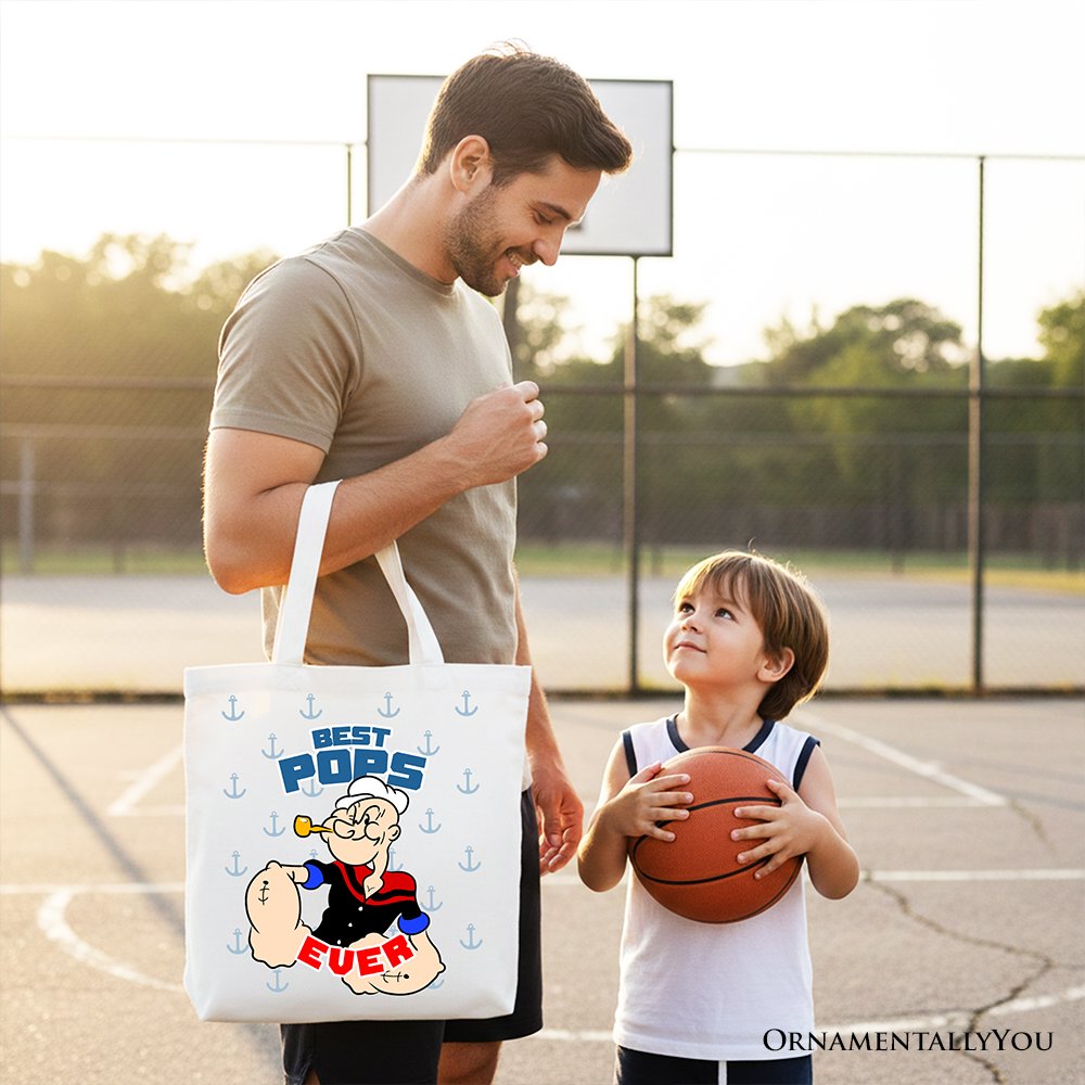 Best Pops Ever Canvas Tote Bag, Classic Popeye the Sailorman Dad Gift Bag for Fun and Strong Dads