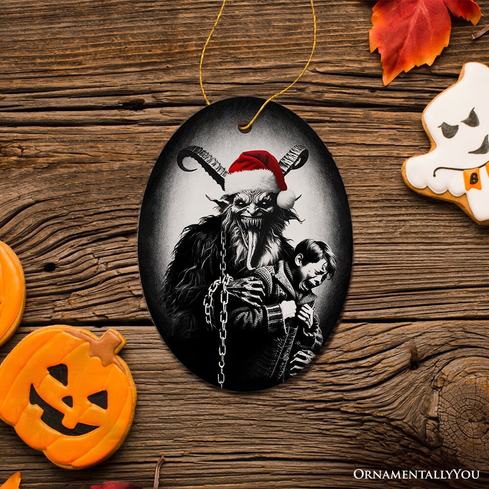 Horrifying Krampus With Santa Hat Ceramic Ornament, Keepsake For Unique Halloween Tree Christmas Decor