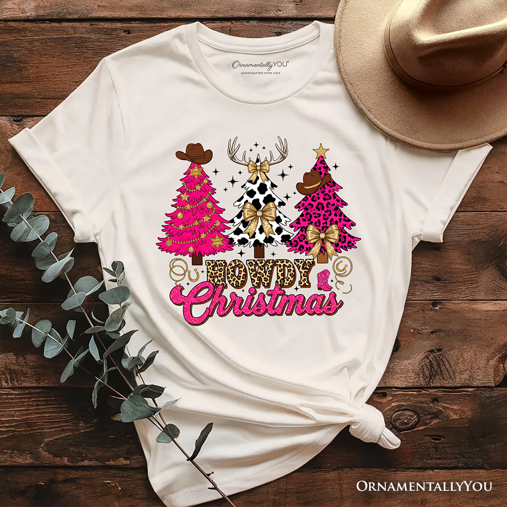Howdy Pink Christmas Western Christmas T-Shirt, Leopard Print Retro Holiday Tee
