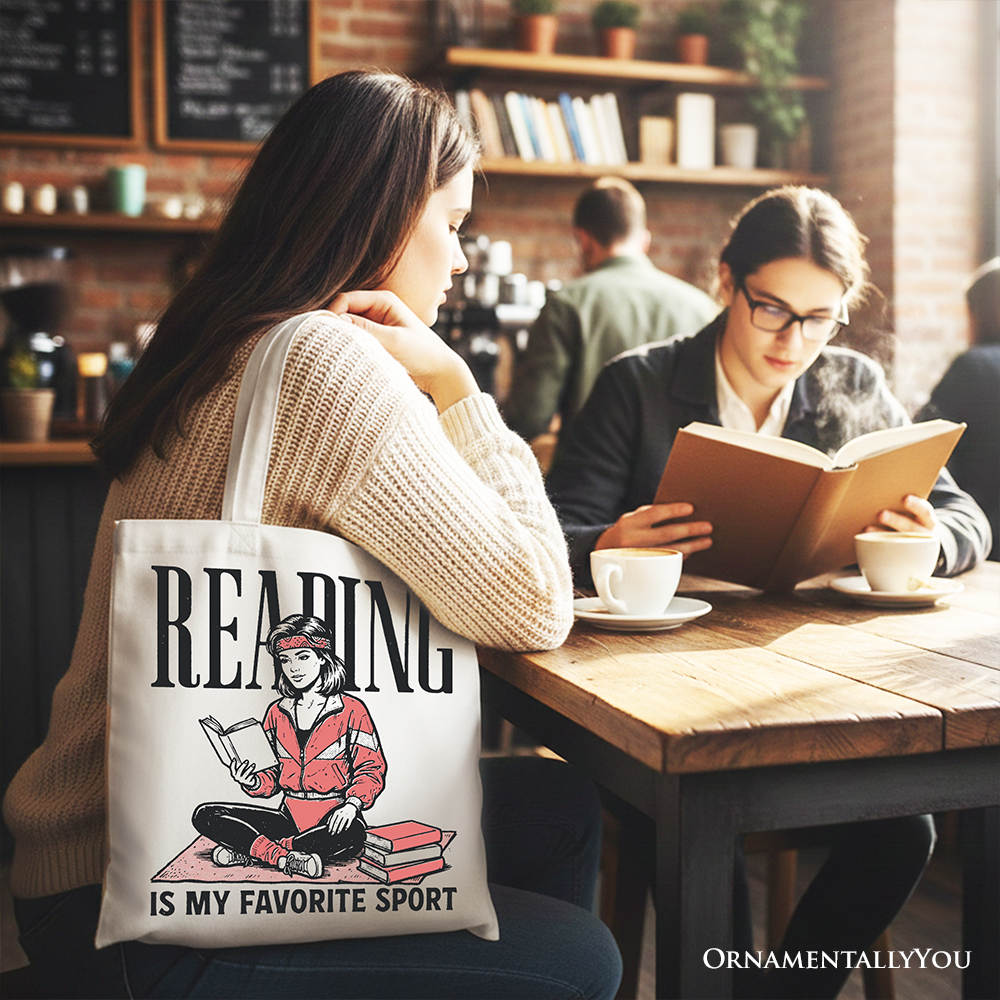 Reading Is My Favorite Sport Bookworm Canvas Tote Bag, Retro Bibliophile Gift Shopper