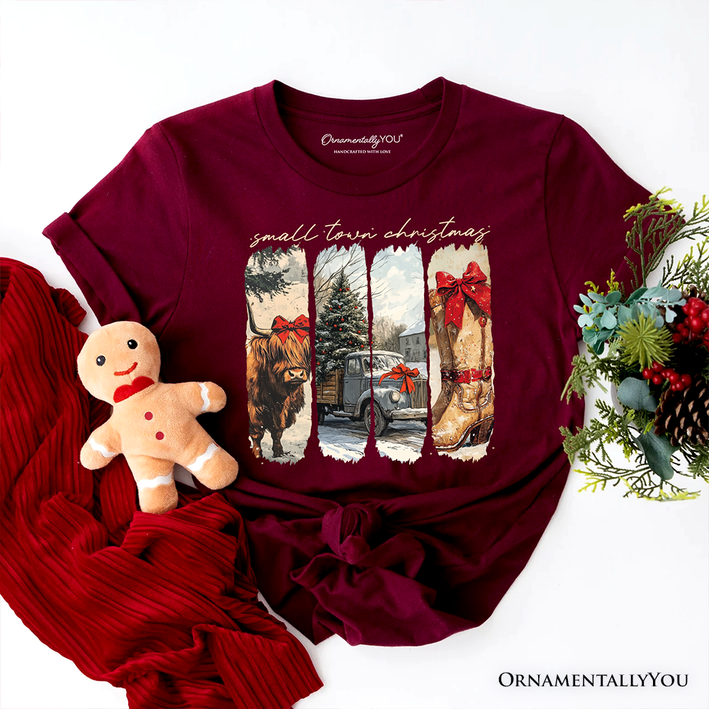 Small Town Christmas T‑Shirt, Highland Cow Rustic Western Cowgirl Holiday Tee