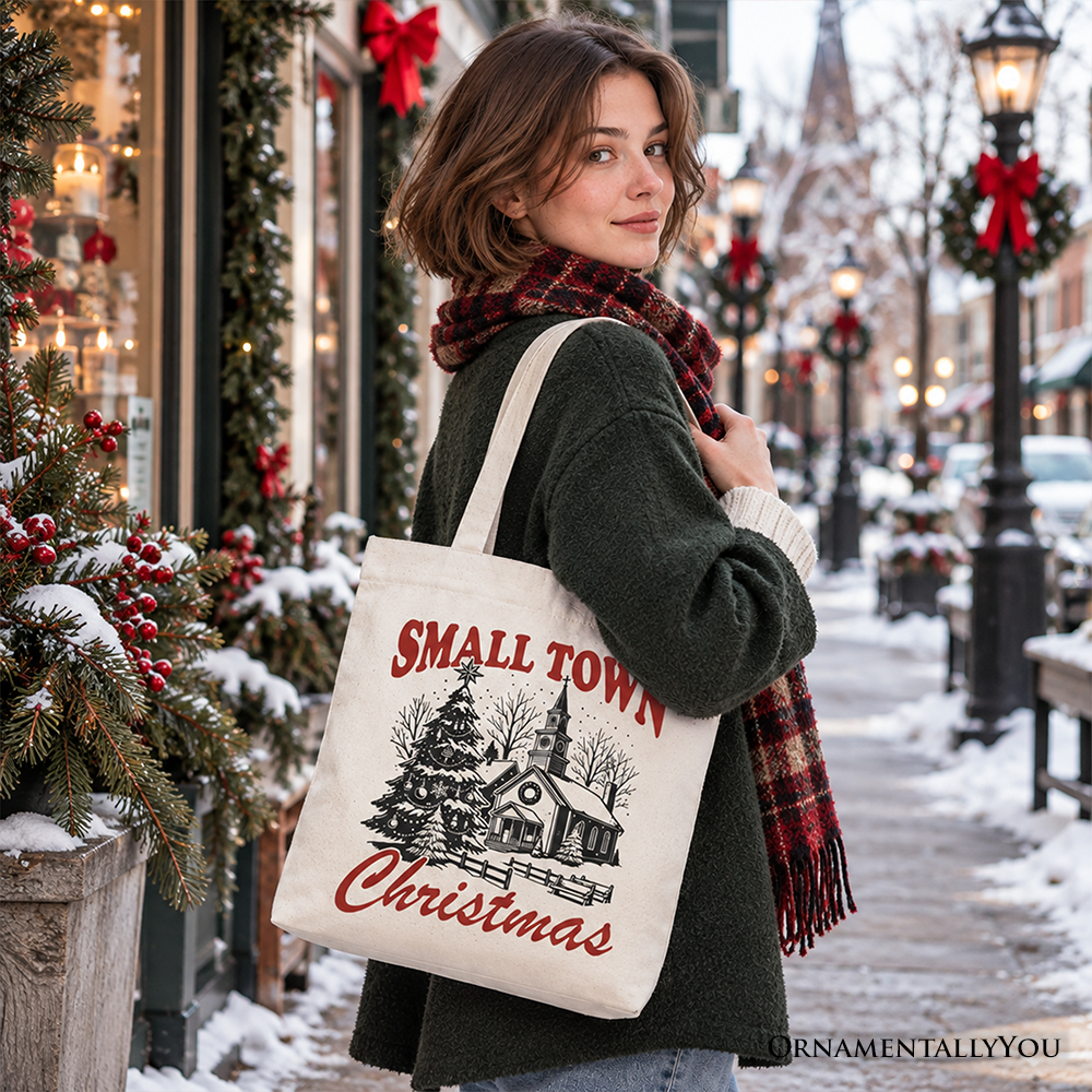 Small Town Christmas Vintage Tote Bag, Rustic Winter Church Gift Shopper