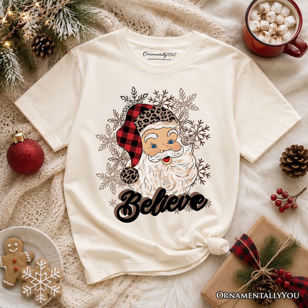 Kids Believe Santa Buffalo Plaid T-Shirt, Retro Christmas Youth Tee