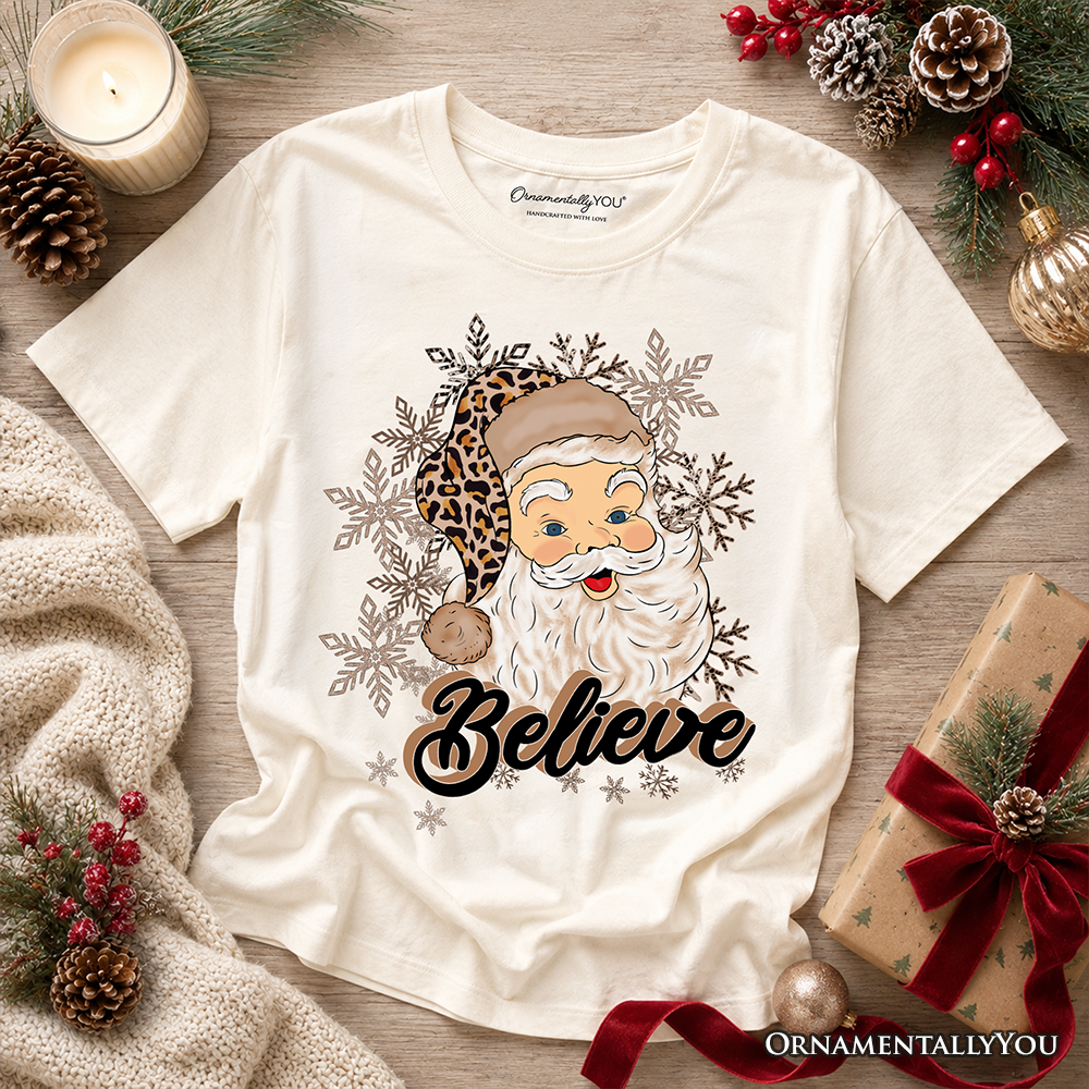 Kids Believe Santa Cheetah Leopard T-Shirt, Retro Christmas Youth Tee
