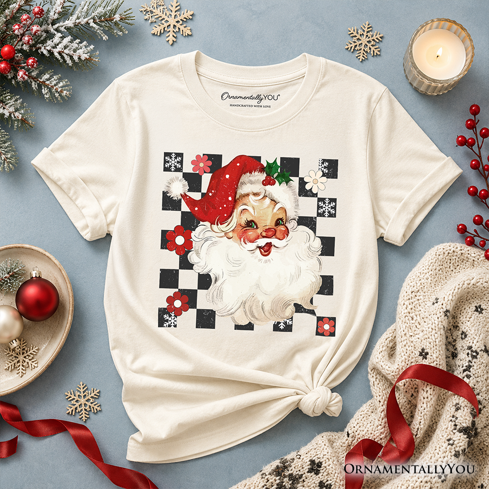 Kids Checkered Santa Claus Vintage T-Shirt, Retro Merry Christmas Youth Tee