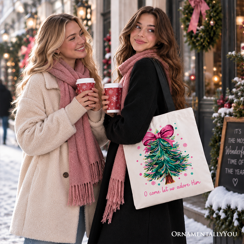 Glitter Christmas Tree Coquette Bow Tote Bag, O Come Let Us Adore Him Holiday Gift Shopper