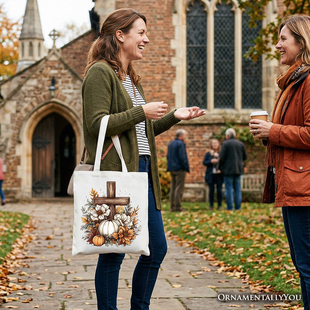 Christian Floral Pumpkin Cross Tote Bag, Boho Religious Fall Gift Shopper
