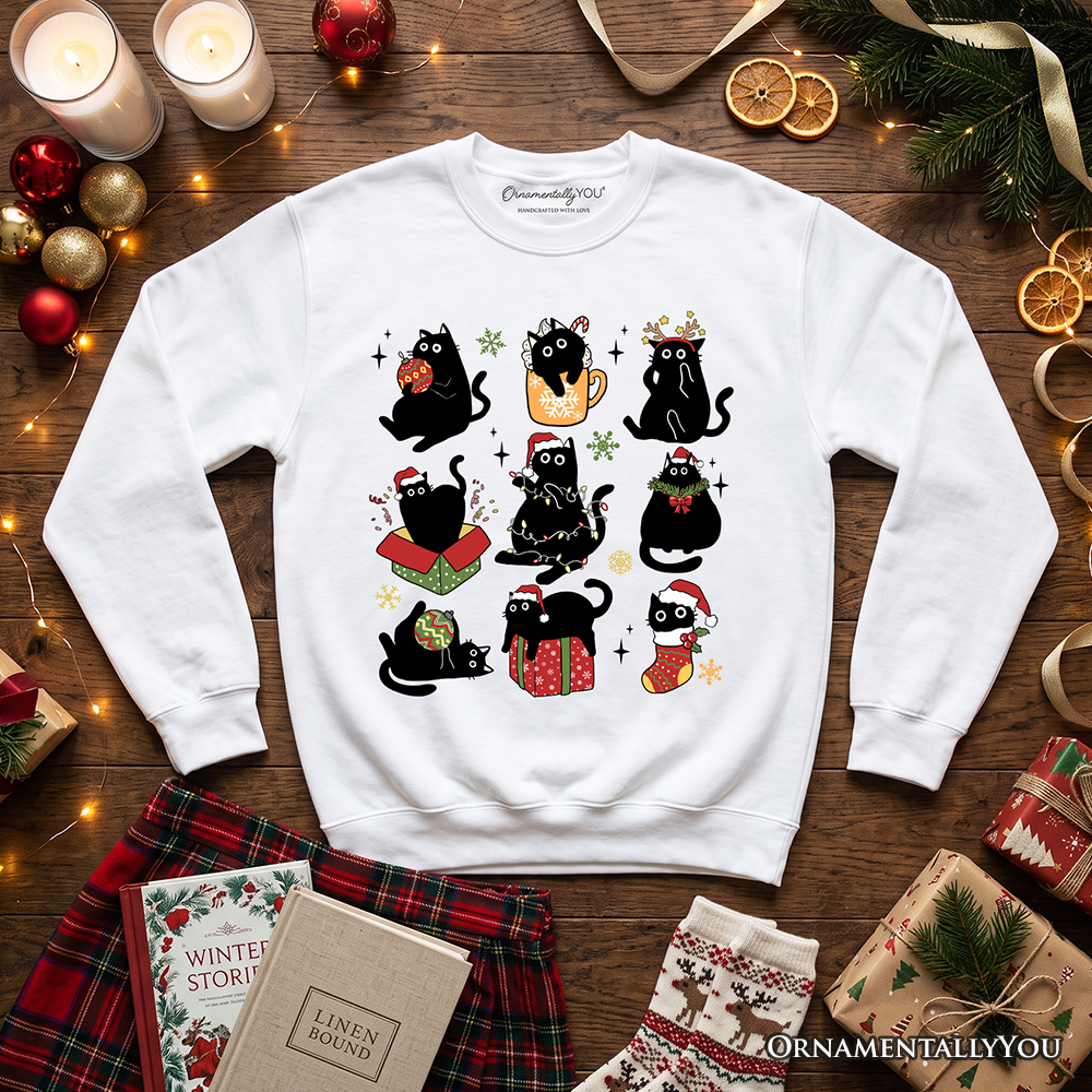 Christmas Black Cats Sweatshirt, Whimsical Cats with Santa Hat Sweater