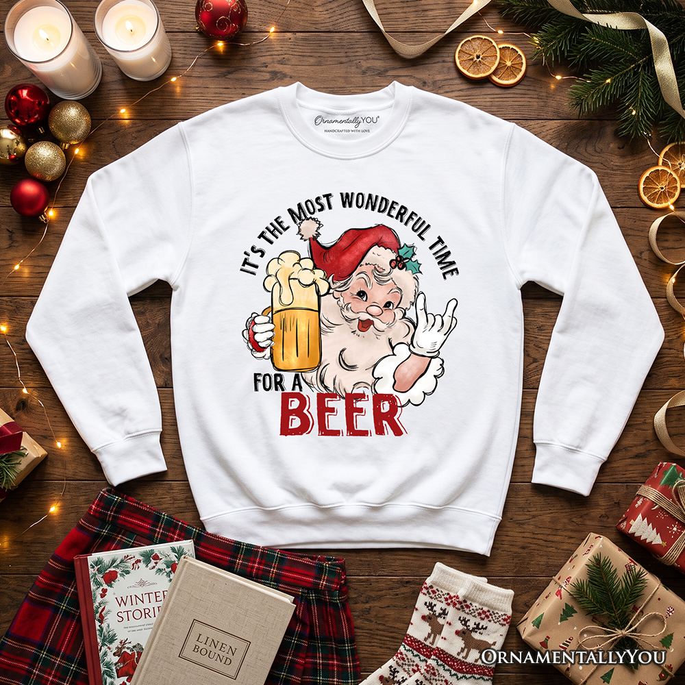 Santa Beer Christmas Sweatshirt, It’s The Most Wonderful Time Funny Holiday Sweater for Festive Drinkers