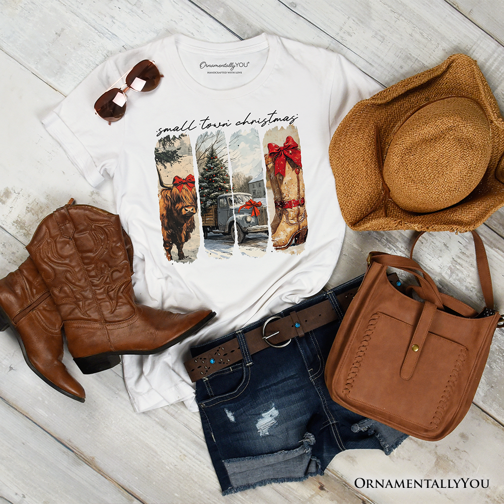 Small Town Christmas T‑Shirt, Highland Cow Rustic Western Cowgirl Holiday Tee