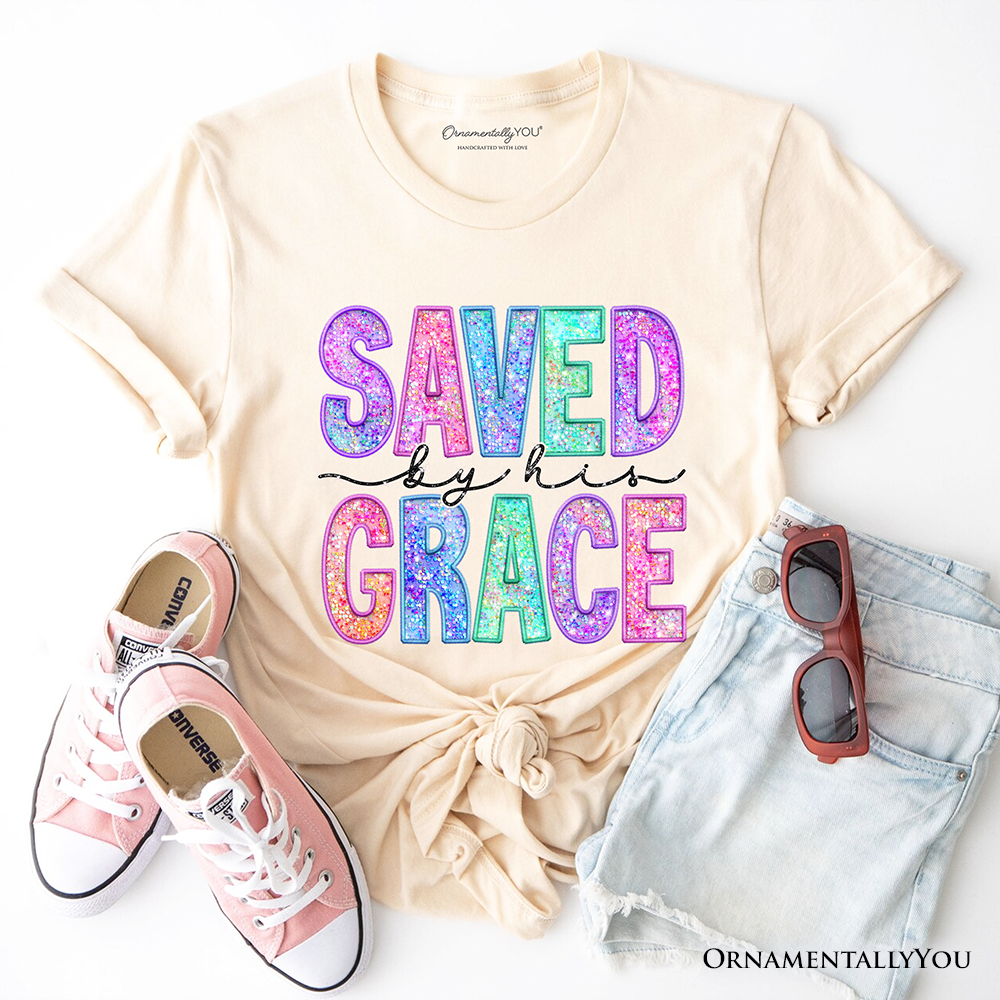 Saved By His Grace Printed Faux Sequin Christian T-Shirt, Religious Love Tee