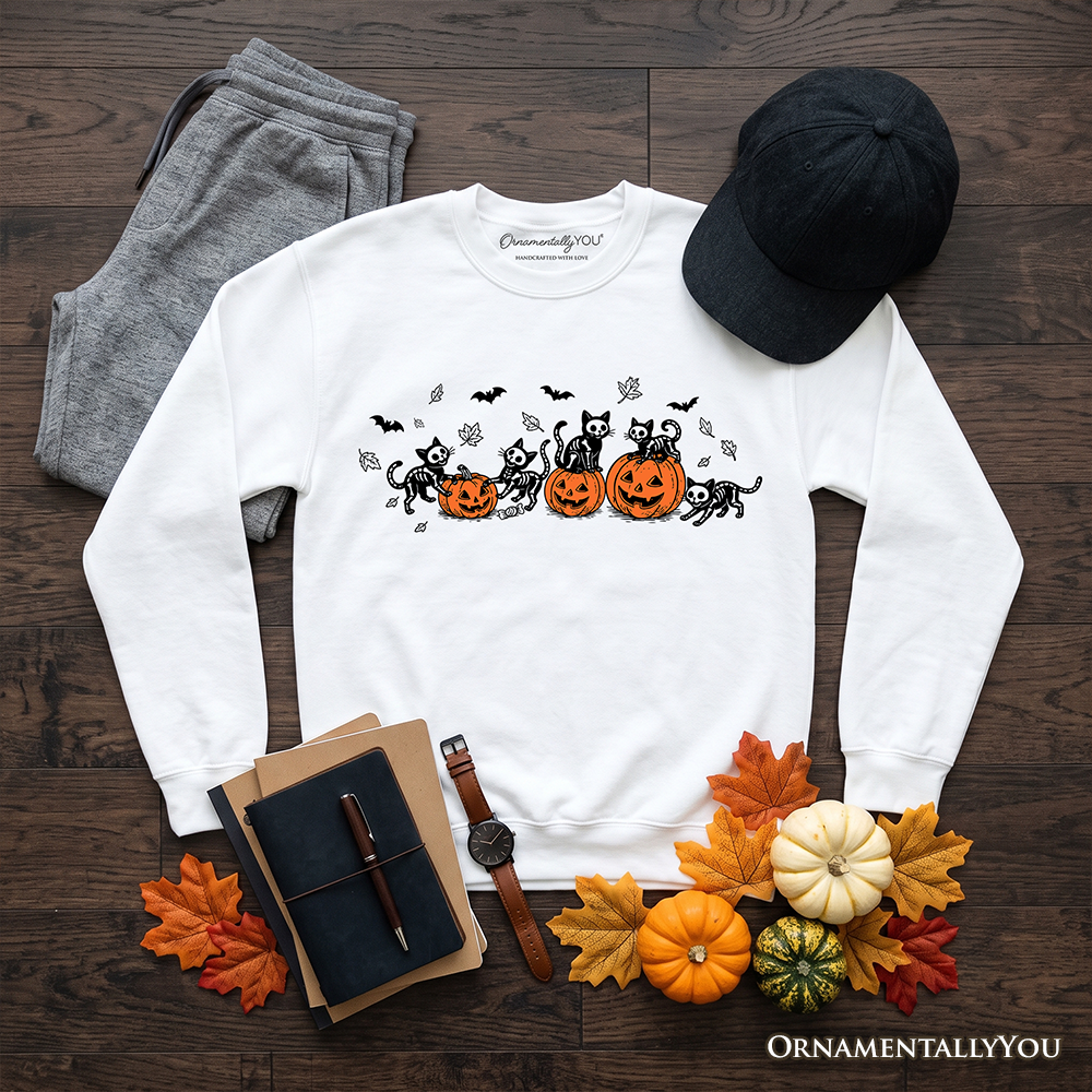 Skeleton Cats and Pumpkins Sweatshirt, Spooky Halloween Black Cat Sweater
