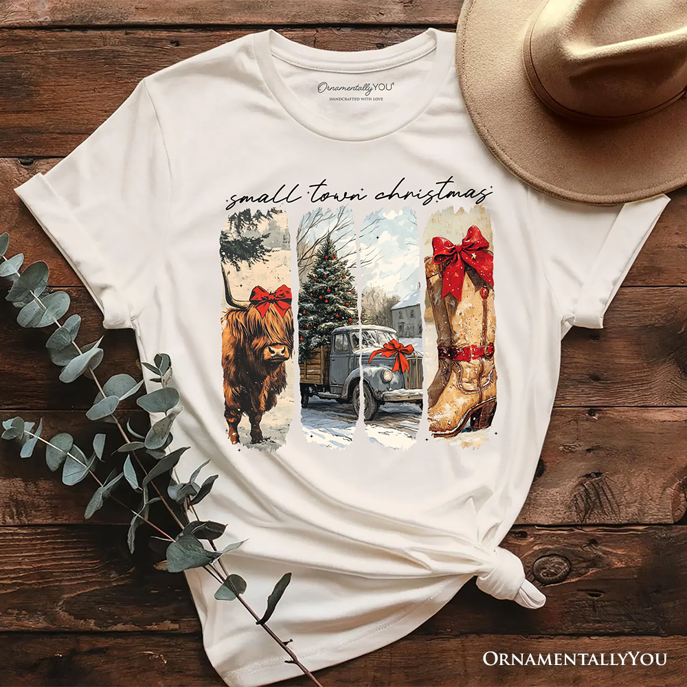 Small Town Christmas T‑Shirt, Highland Cow Rustic Western Cowgirl Holiday Tee