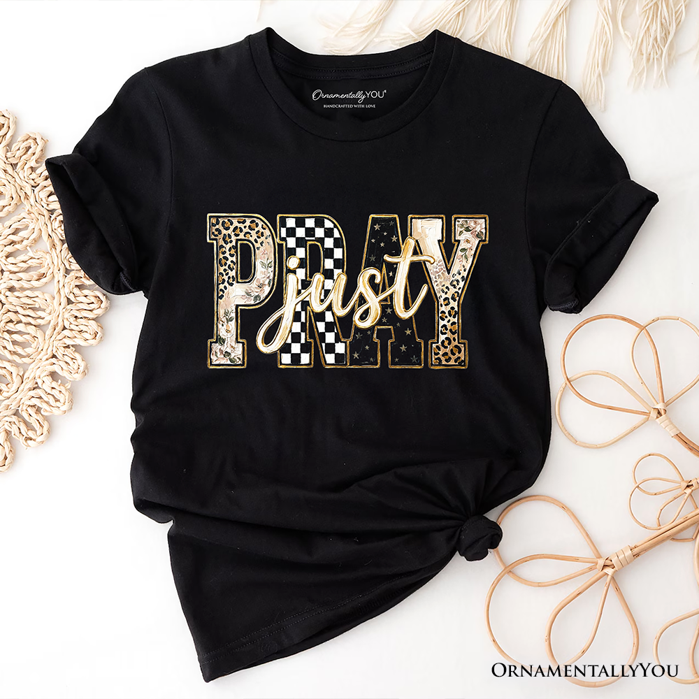 Just Pray Christian Varsity T-Shirt, Retro Leopard Checkered Faith Tee