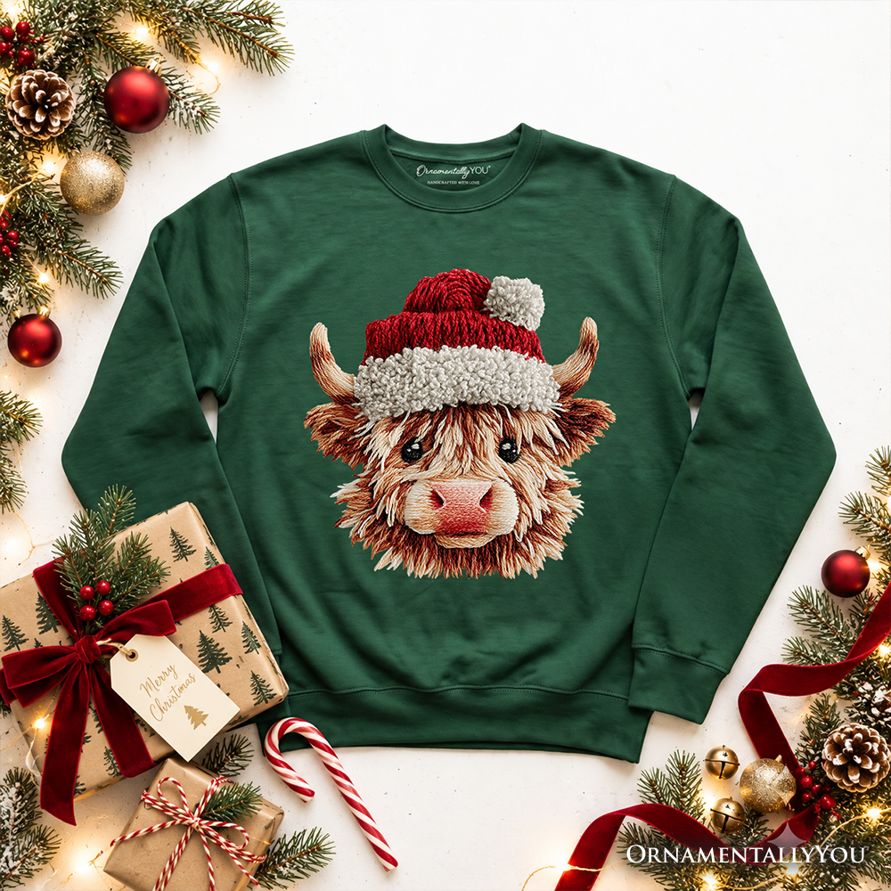 Highland Cow Santa Hat Christmas Sweatshirt, Imitation Latch Hook Yarn Cozy Sweater