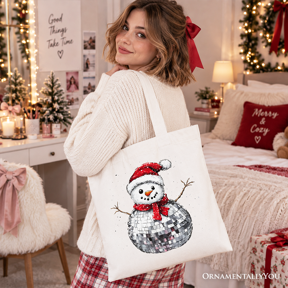 Disco Snowman Christmas Tote Bag, Retro Holiday Gift Shopper for Dancers
