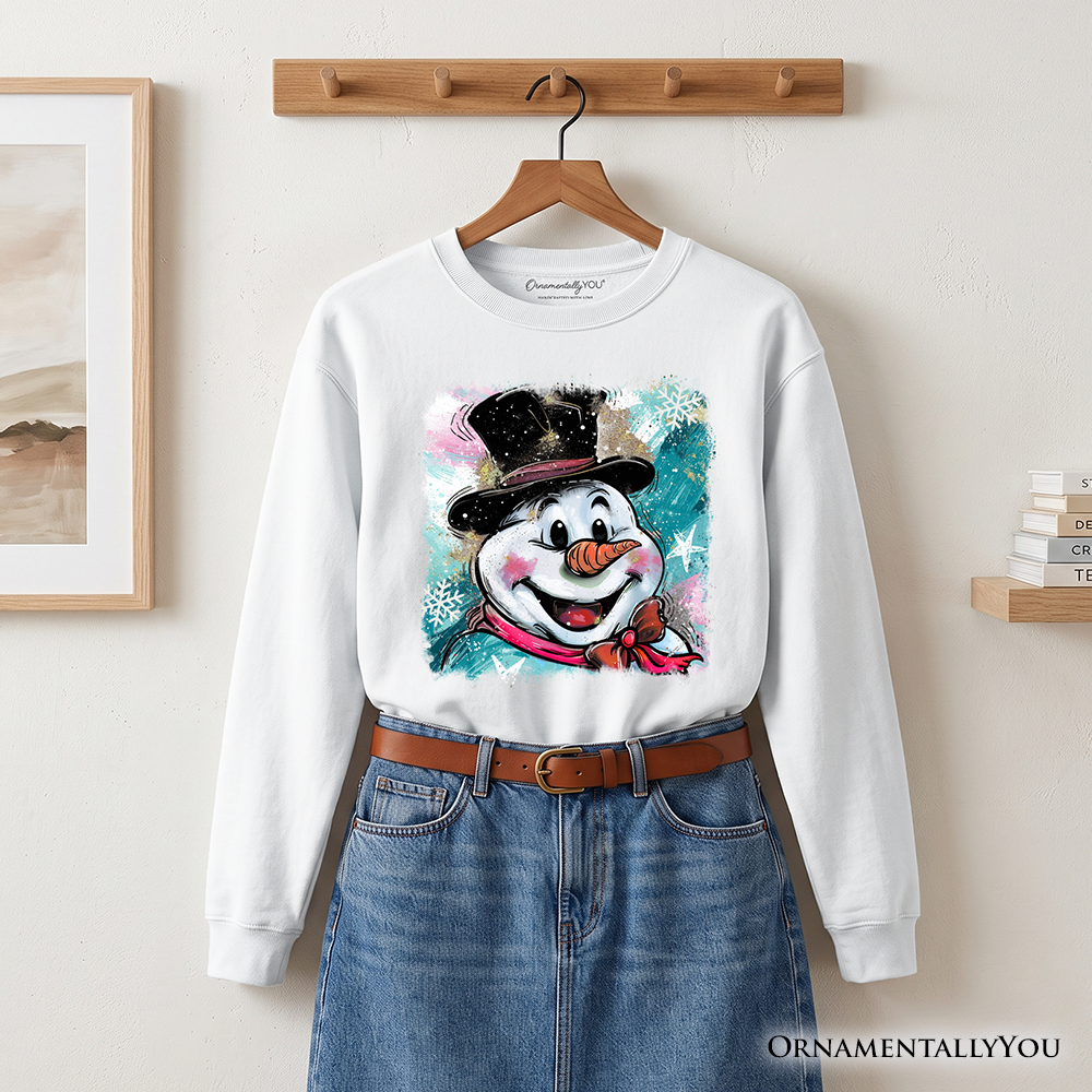 Brushstroke Cute Snowman Sweatshirt, Preppy Merry Christmas Glitter Holiday Sweater