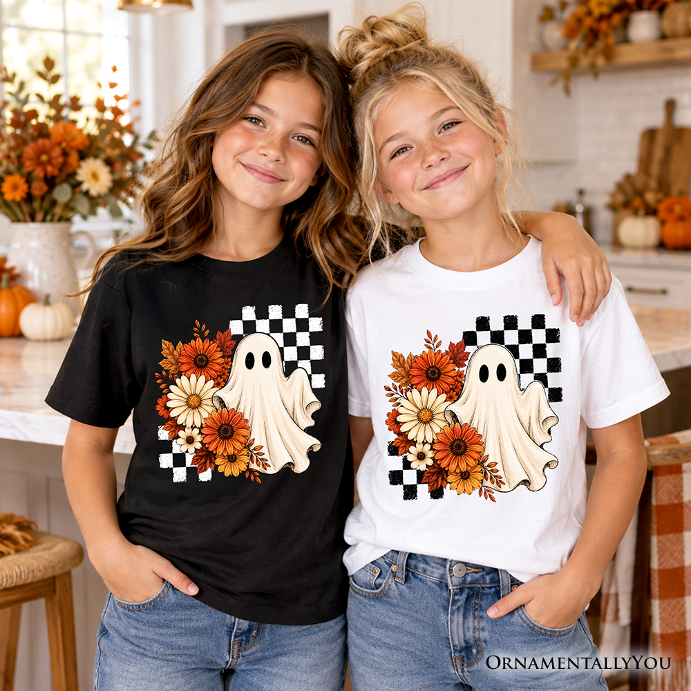 Kids Checkered Floral Ghost T-Shirt, Vintage Fall Halloween Daisy Youth Tee