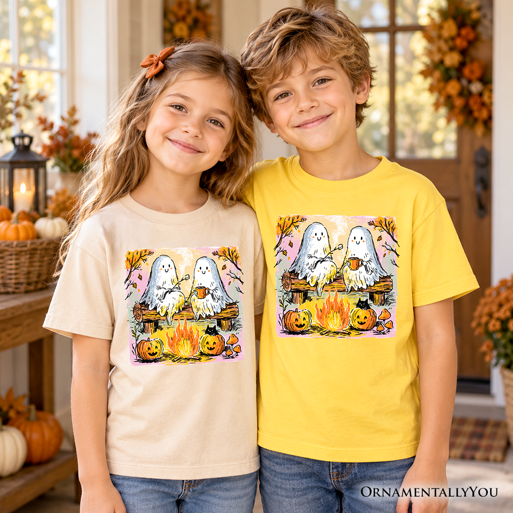 Kids Cozy Campfire Ghosts T-Shirt, Fall Halloween Pumpkin Youth Tee