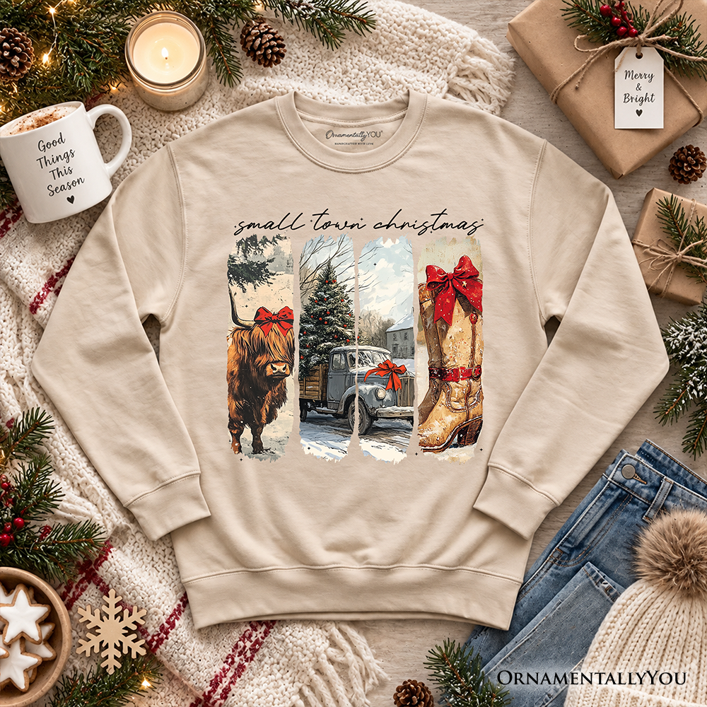 Small Town Christmas Sweatshirt, Highland Cow Rustic Western Cowgirl Holiday Sweater