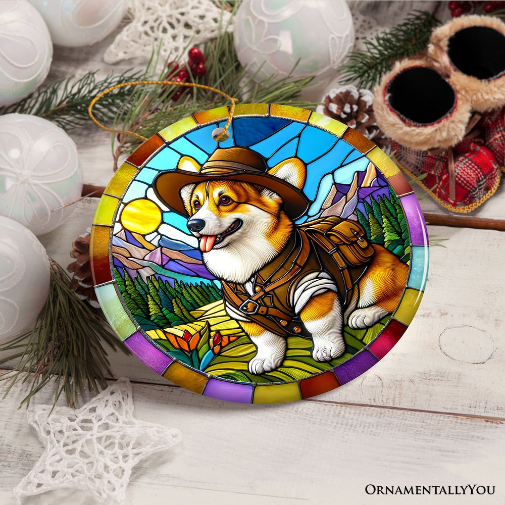 Corgi Adventurer Stained Glass Style Ceramic Ornament, Adorable Christmas Gift and Decor