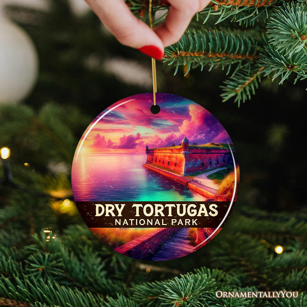 Vibrant Dry Tortugas National Park Ornament, Florida Coastal Fort and Sunset Seascape Christmas Gift and Tropical Travel Souvenir