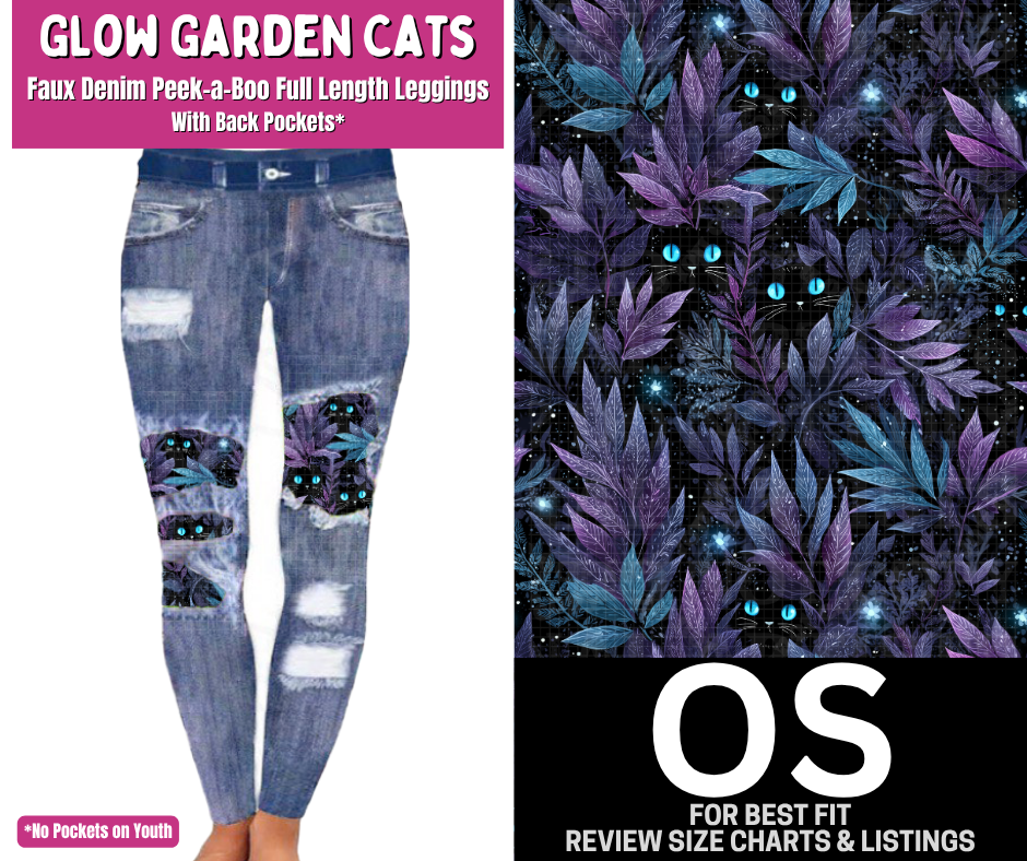 Glow Garden Cats Faux Denim Full Length Peekaboo Leggings