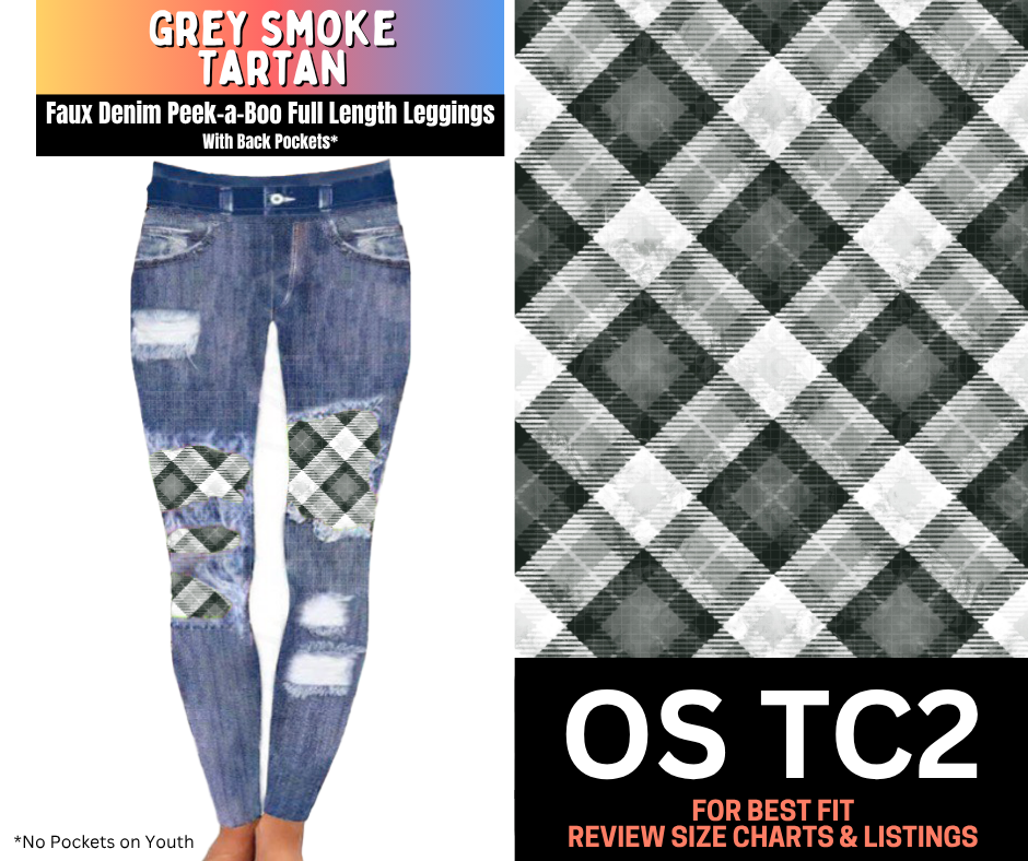 Grey Smoke Tartan Faux Denim Full Length Peekaboo Leggings