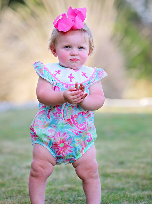 Easter Cross Smocking Embroidery Baby Girl Romper