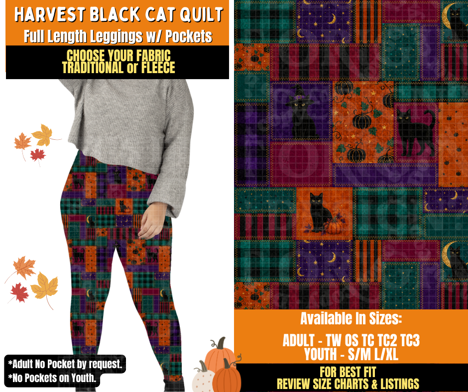 Preorder! Closes 7/16. ETA Oct. Harvest Black Cat Quilt Leggings Choose Fleece or Traditional