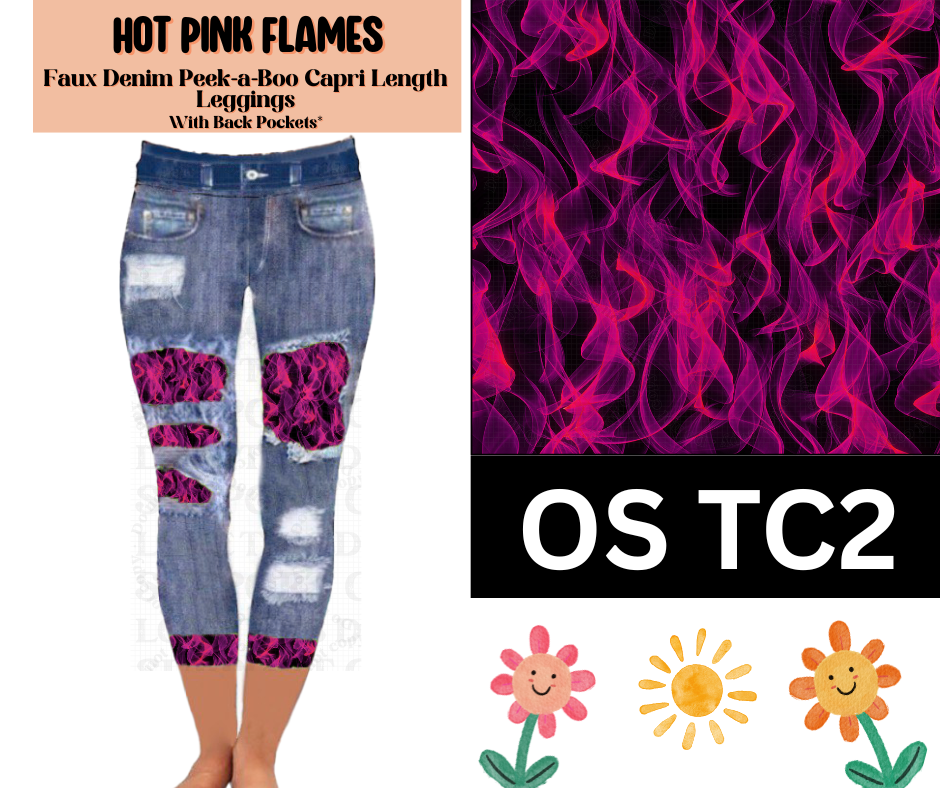 Hot Pink Flames Capri Faux Denim Peekaboo