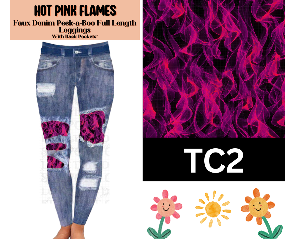Hot Pink Flames Faux Denim Full Length Peekaboo Leggings