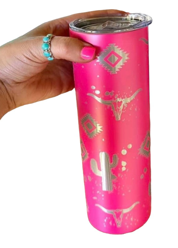 20oz Skinny Etched Tumbler - Hot Pink Aztecc