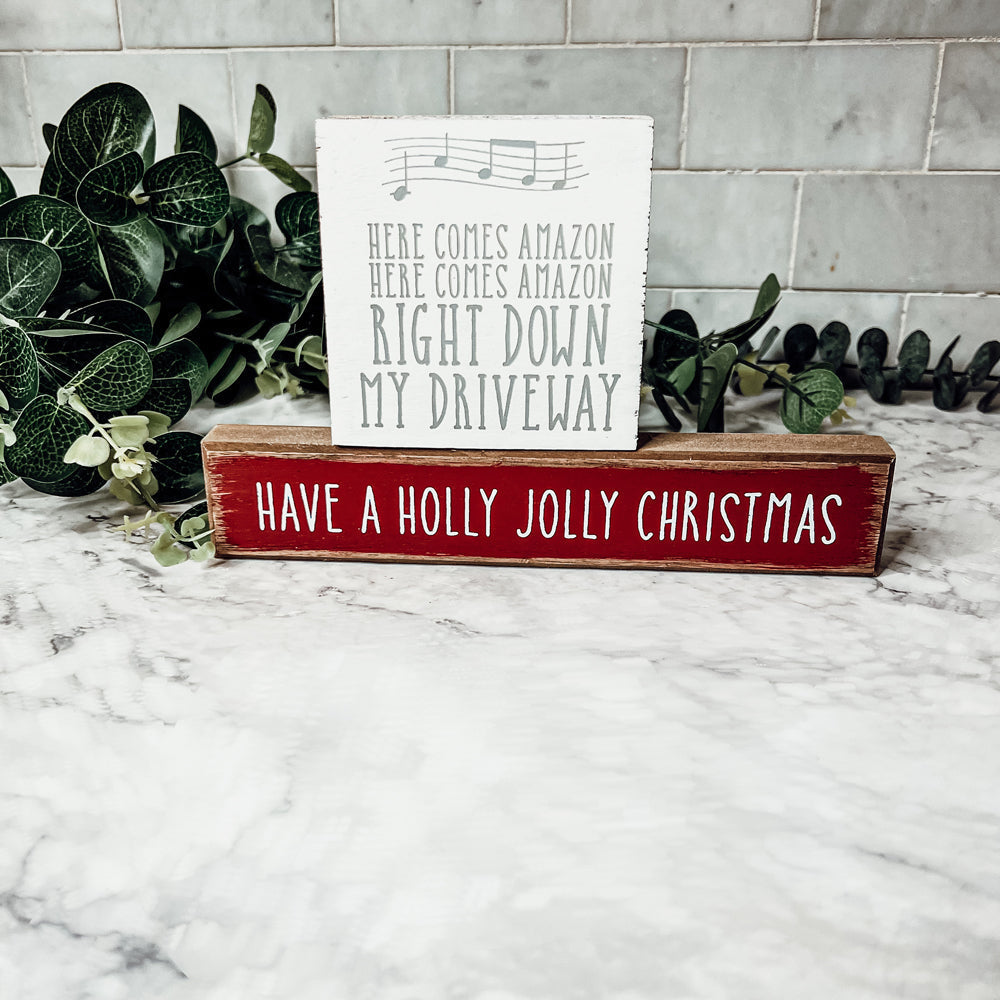 Holly Jolly Christmas Wooden Shelf Sitter Sign Holiday Mantel Shelf Decor Rustic Farmhouse