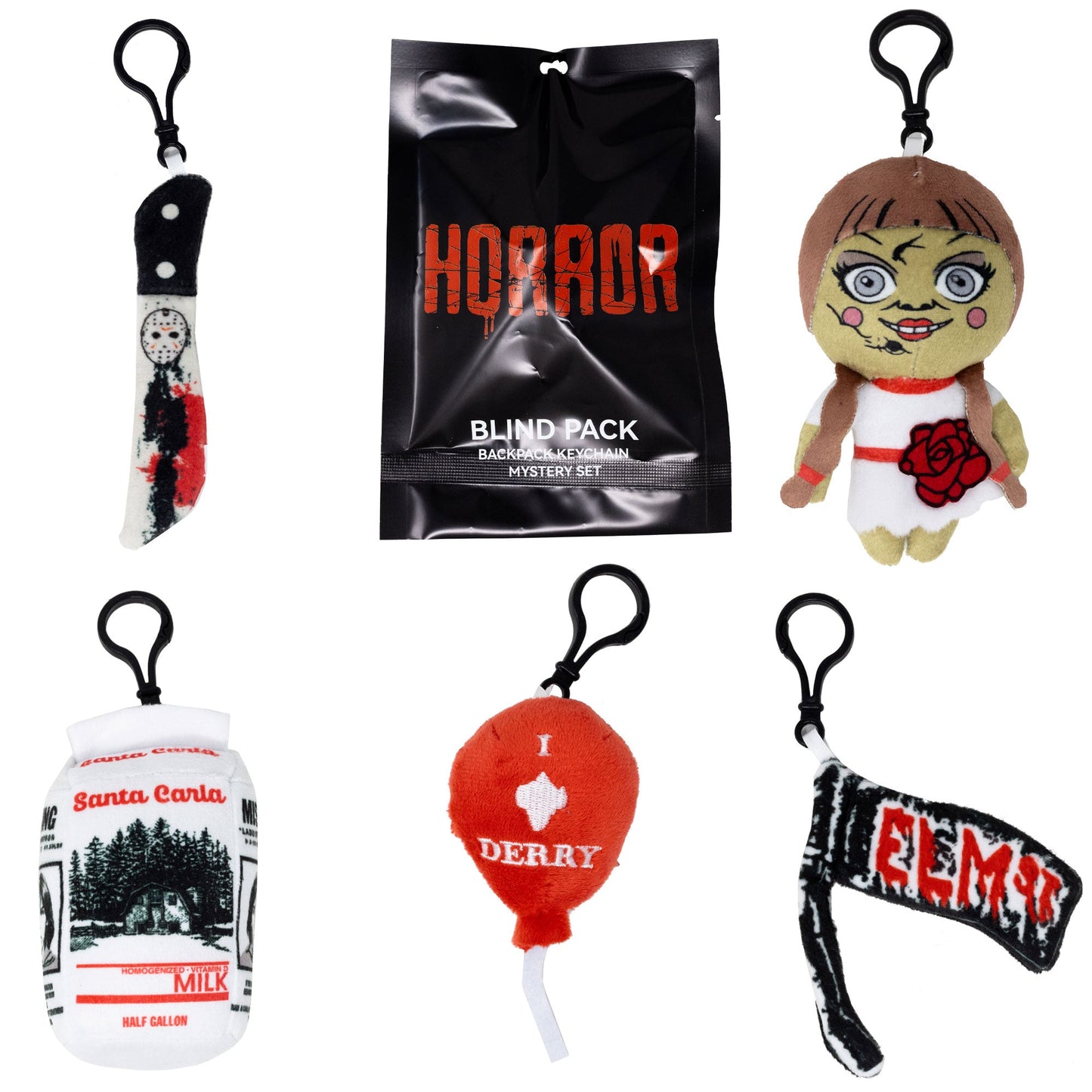 Warner Bros. Horror Movies Mystery Backpack Keychain Charm Blind Box Series, Nightmare on Elm St. Street Sign, Jason's Knife, Pennywise's Balloon, Annabelle, or a Lost Boys Milk Carton
