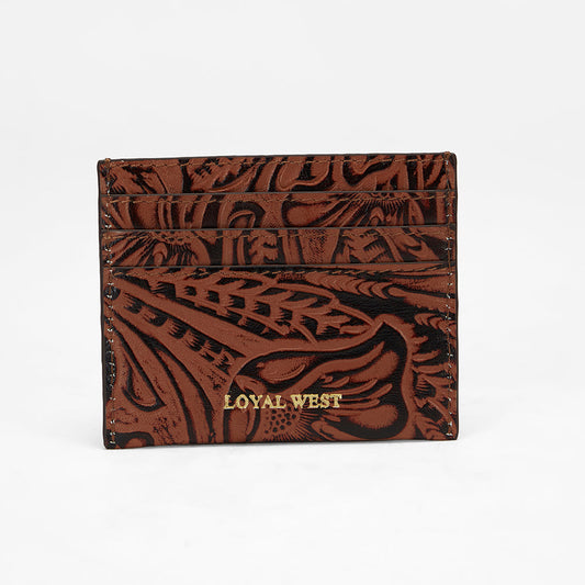 Loyal West SHELL CARD HOLDER IN HAND FINISHED EMBOSSED LEATHER - BROWN