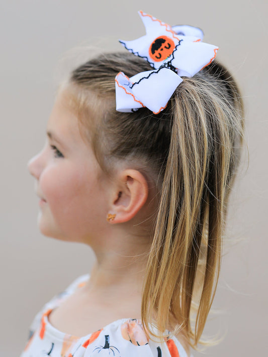 Halloween Pumpkin Hair Bows: White Ribbon Design(2PCS)