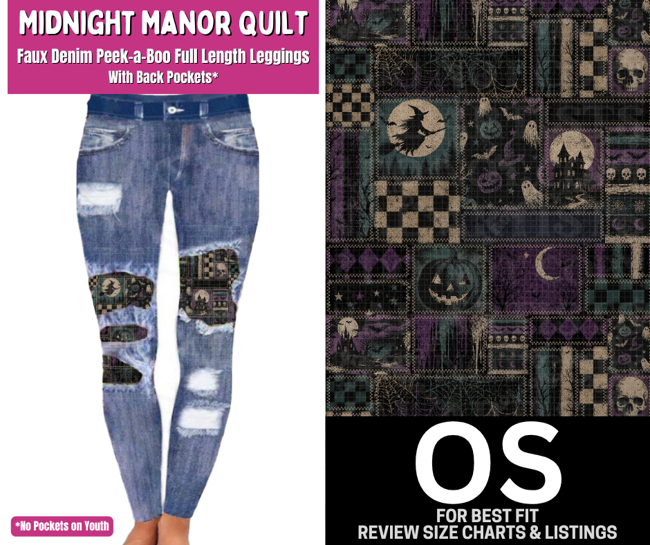 Midnight Manor Quilt Faux Denim Full Length Peekaboo Leggings