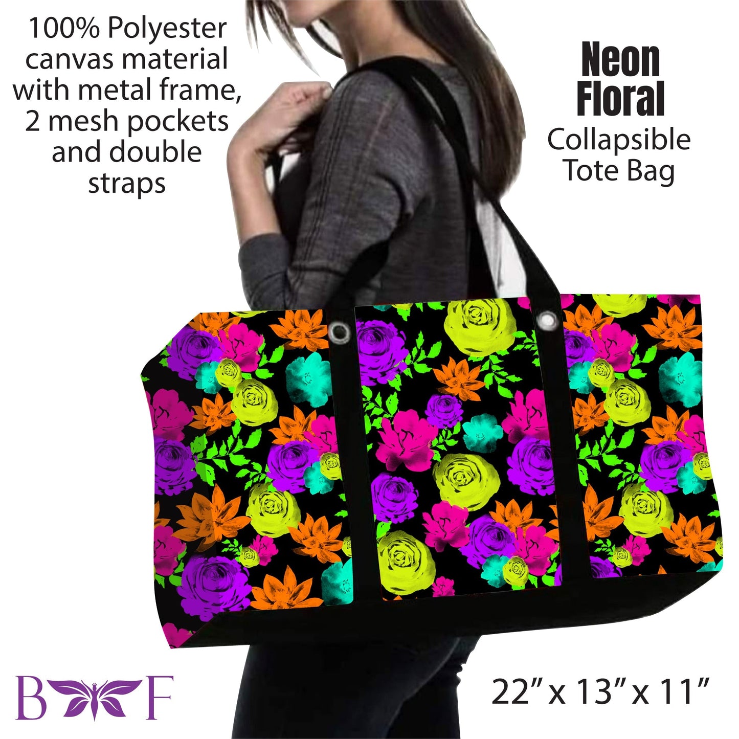 Neon Floral Collapsible Tote with 2 mesh pockets
