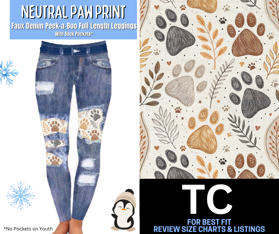 Neutral Paw Print Faux Denim Full Length Peekaboo Leggings