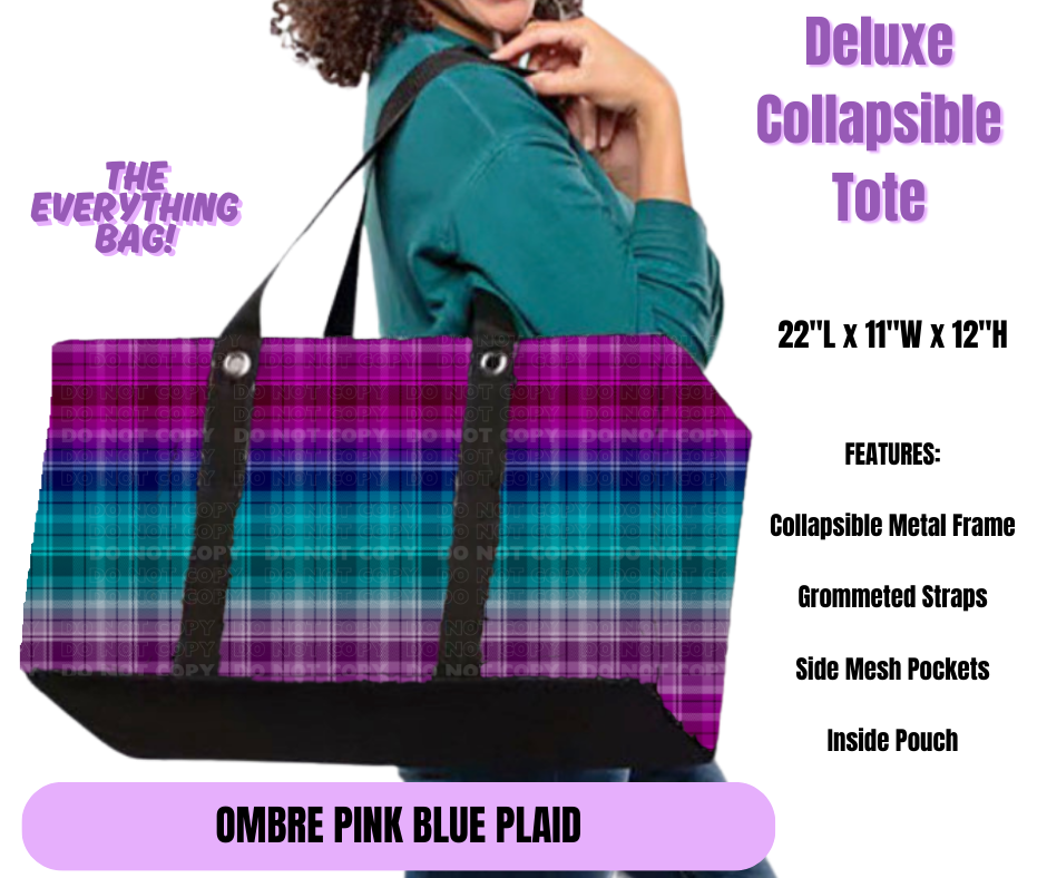 Preorder! Closes 5/19. ETA August. Ombre Pink Blue Plaid Collapsible Tote