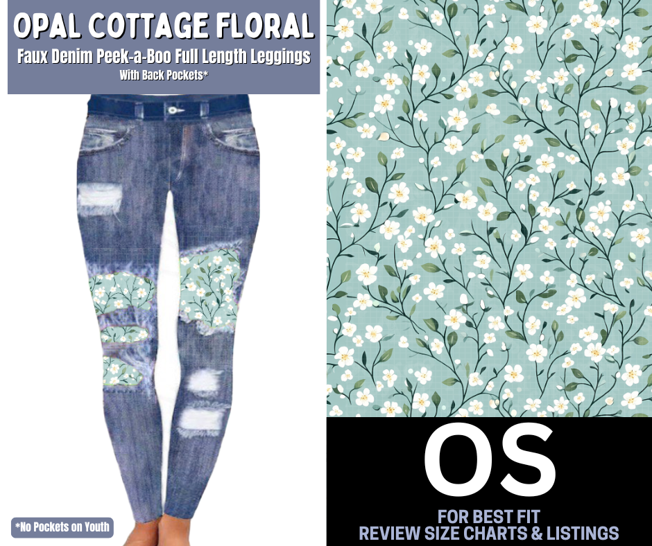 Opal Cottage Floral Faux Denim Full Length Peekaboo Leggings