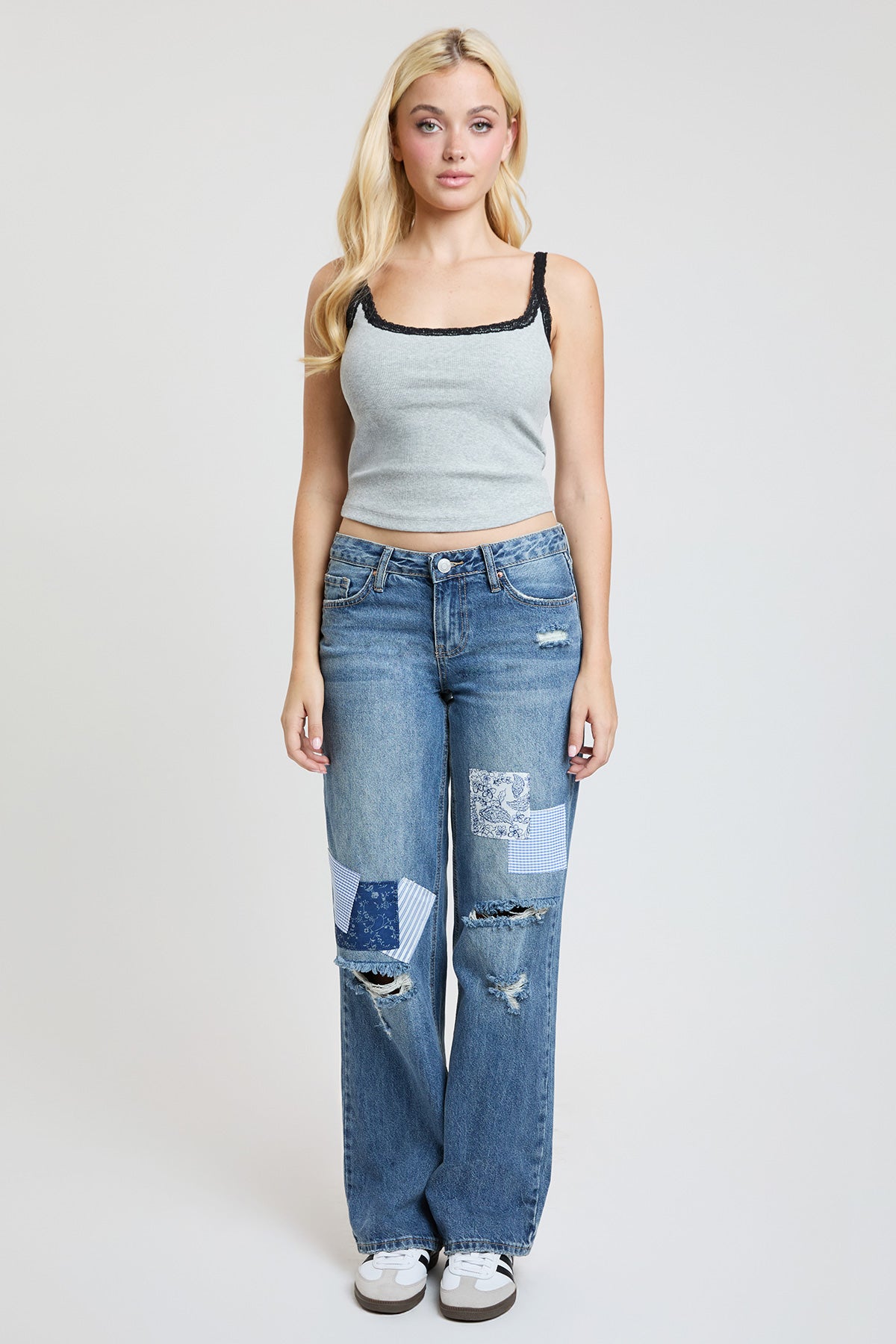 Women's Low Rise Patchwork Straight Leg Jeans