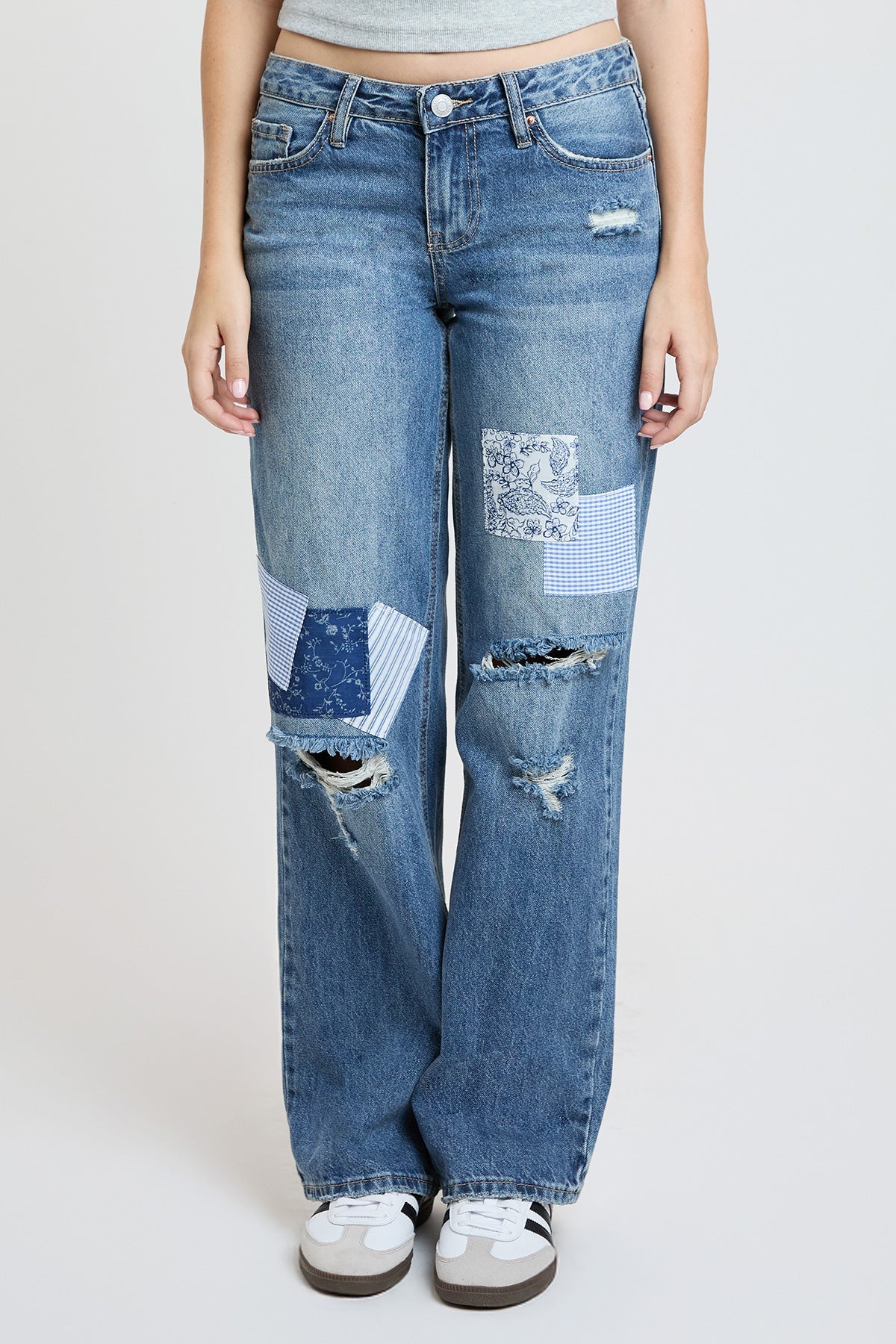 Women's Low Rise Patchwork Straight Leg Jeans