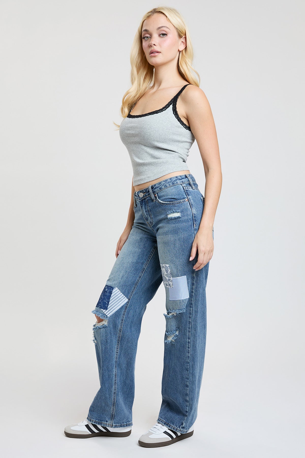Women's Low Rise Patchwork Straight Leg Jeans