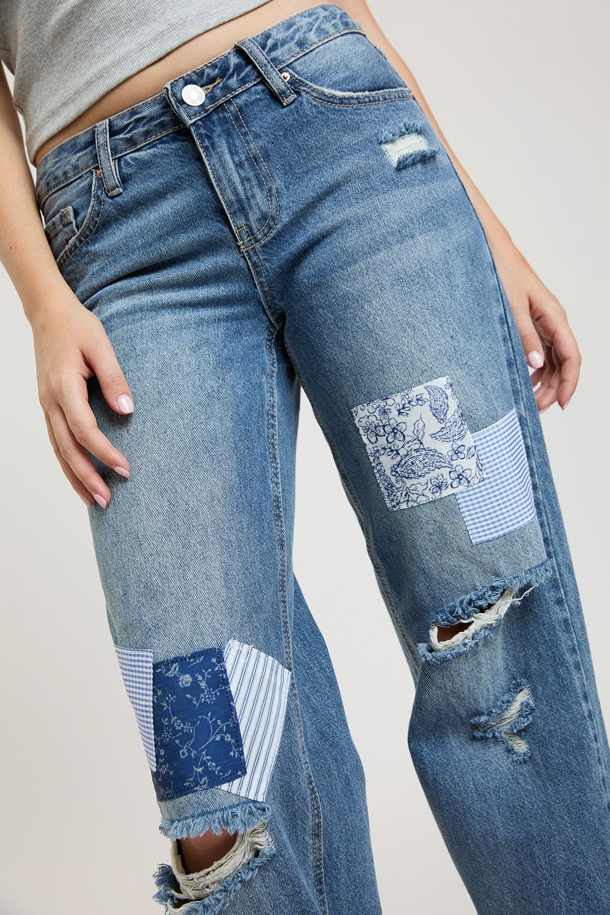 Women's Low Rise Patchwork Straight Leg Jeans