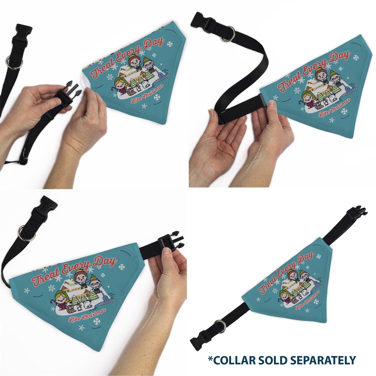 Pet Bandana - Elf TREAT EVERYDAY LIKE CHRISTMAS Buddy and Friends Pose Blue