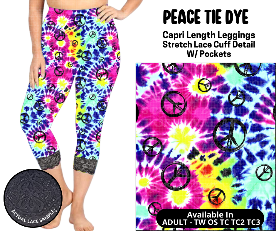 Preorder! Closes 5/12. ETA August. Peace Tie Dye Lace Cuff Capris w/ Pockets